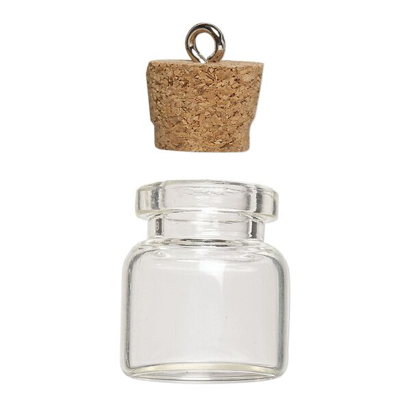 Component, glass / cork / nickel-finished steel, clear, 20x19mm bottle with stopper and screw eye. Sold per pkg of 10. image number 2