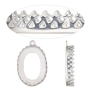 Drop, sterling silver, 20x14.5mm oval with decorative trim and open back with 18x13mm oval cabochon bezel setting. Sold individually.