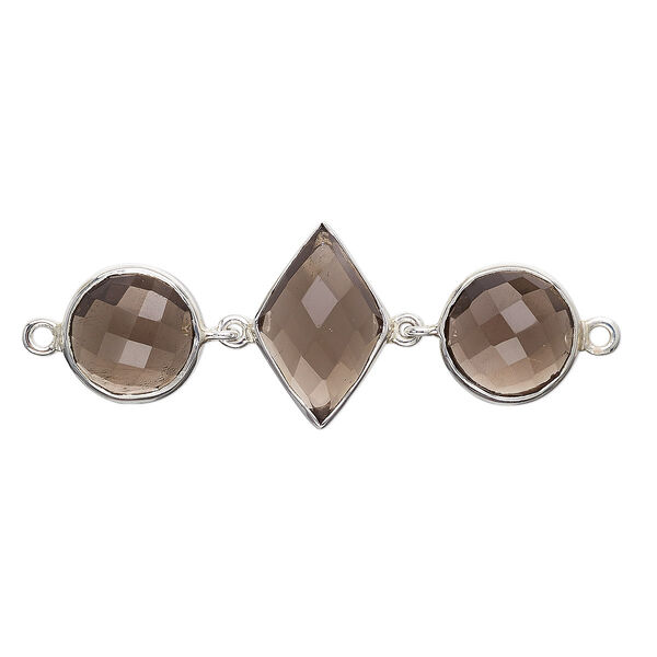 Link, smoky quartz (heated / irradiated) and sterling silver, 40x16mm single-sided with 11mm faceted round and 16x11mm faceted diamond. Sold individually. image number 0