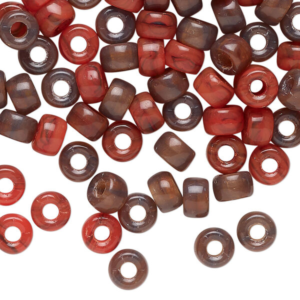 Bead mix, pressed, glass, opaque brown and red, 6x4mm crow. Sold per 1 ounce pkg, approximately 140 beads. image number 0