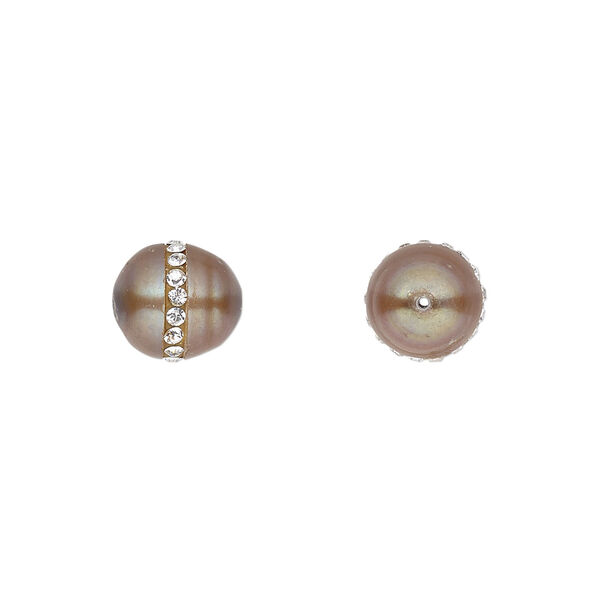 Pearl, cultured freshwater (dyed) and crystals, lilac bronze and crystal clear, 9-10mm rice, C grade, Mohs hardness 2-1/2 to 4. Sold per pkg of 2. image number 0