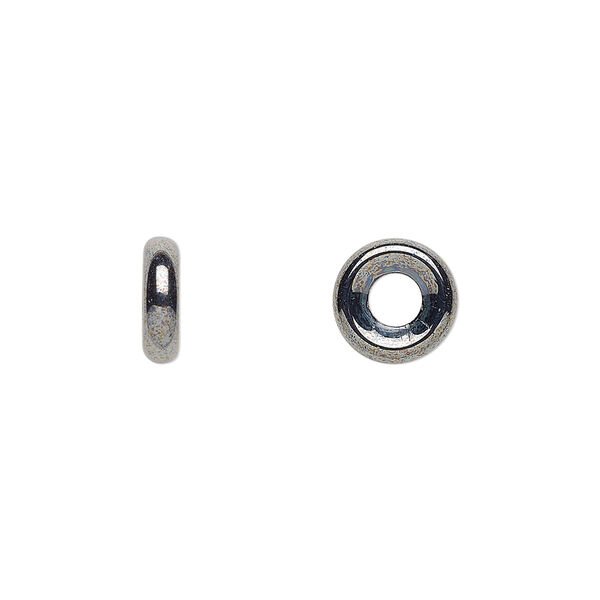 Bead, Czech pressed glass, hematite, 9.5x3mm ring. Sold per pkg of 50. image number 0