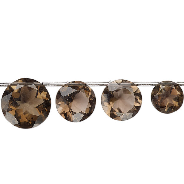 Bead, smoky quartz (heated / irradiated), 8-12mm graduated hand-cut top-drilled faceted flat round, B+ grade, Mohs hardness 7. Sold per pkg of 11 beads. image number 0