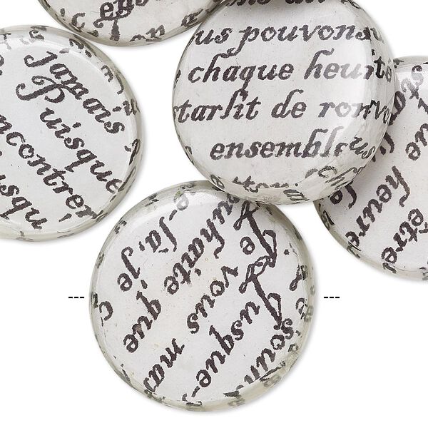 Bead, wood / newspaper / acrylic, white and black, 24mm double-sided flat round with phrase in French. Sold per pkg of 8. image number 0