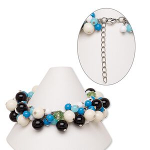 Bracelet, acrylic / glass / silver-finished steel / brass, multicolored, 22mm wide with round, 7 inches with 2-inch extender chain and lobster claw clasp. Sold individually.