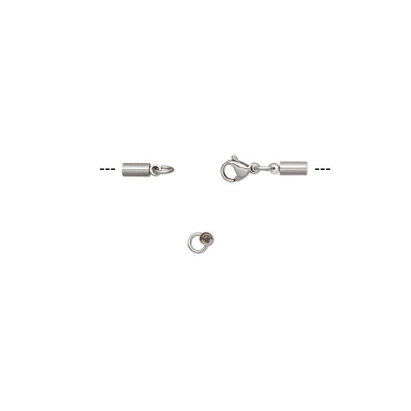 Clasp, lobster claw, stainless steel, 29x5.5mm with 9x5.5mm and 6x3mm cord ends, 2mm inside diameter. Sold individually. image number 0