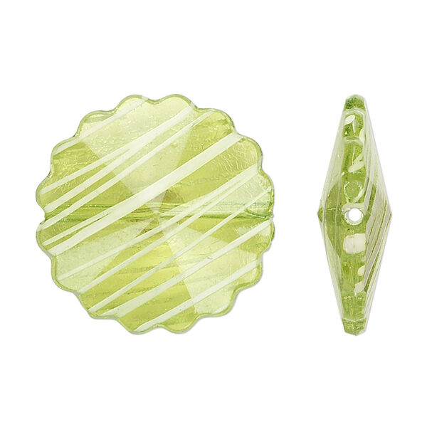 Bead, acrylic, semitransparent green and white, 25mm faceted round flower with painted line design. Sold per pkg of 48. image number 0