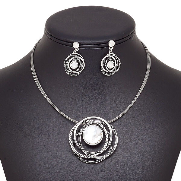 Necklace and earring set, multi-strand, black lip shell (natural) / stainless steel / antique silver-plated brass / steel / "pewter" (zinc-based alloy), 46mm round, 15" to 16" strand necklace with 2-inch extender chain and lobster claw clasp, 35mm earrings with post. Sold per set. image number 0