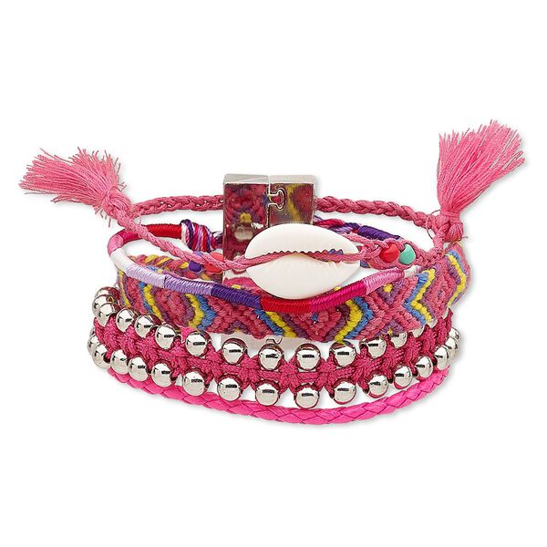 Bracelet, 5-strand, cowrie shell (natural) / nylon / polyurethane / silver-coated plastic / silver-plated "pewter" (zinc-based alloy), pink and multicolored, 37mm wide, 6-1/2 inches with magnetic locking clasp. Sold individually. image number 0