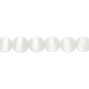 Bead, cat's eye glass (fiber optic glass), white, 8mm round, quality grade. Sold per 15-1/2" to 16" strand.