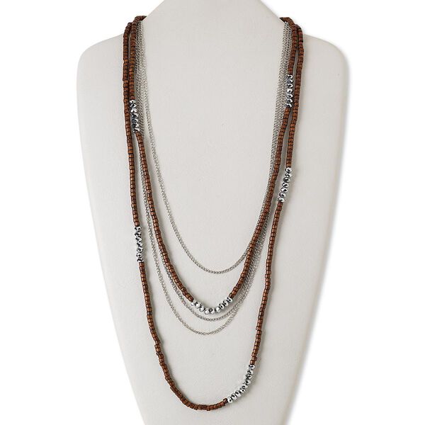 Necklace, stained wood / silver-coated plastic / imitation rhodium-finished steel, dark brown, flat round, 24 inches with 2-inch extender chain and lobster claw clasp. Sold individually. image number 0
