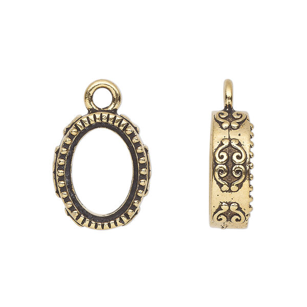 Drop, TierraCast®, "Celestial" collection, antique gold-plated pewter (tin-based alloy), 16.5x14mm oval with scroll design. Sold individually. image number 0