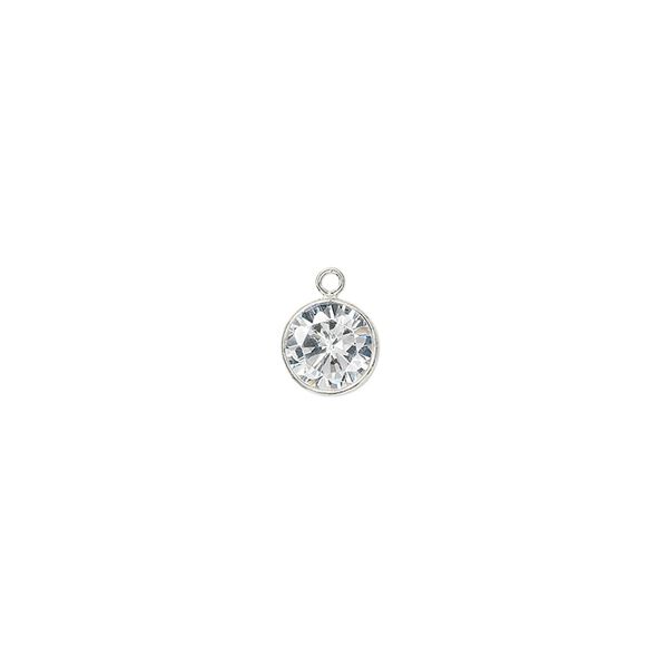 Drop, sterling silver and cubic zirconia, clear, 6.5mm round with 6mm faceted round. Sold individually. image number 0