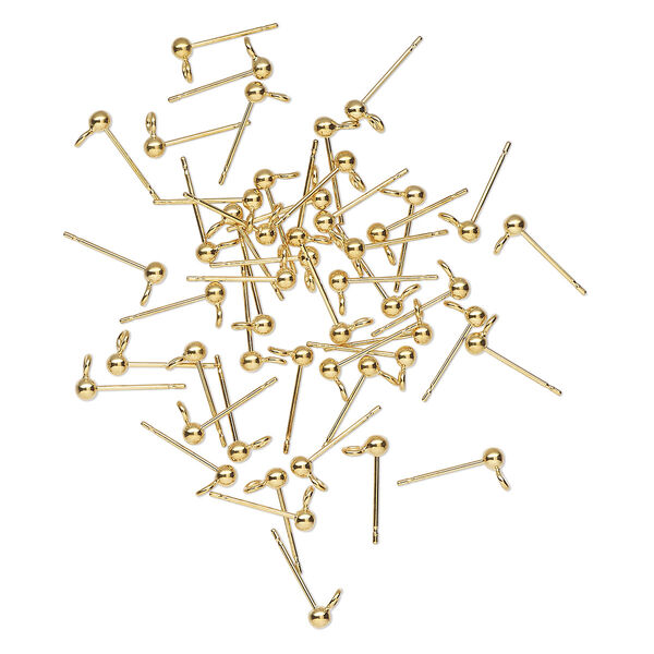 Earstud, gold-finished steel, 3mm ball with closed loop and no earnut. Sold per pkg of 50. image number 0