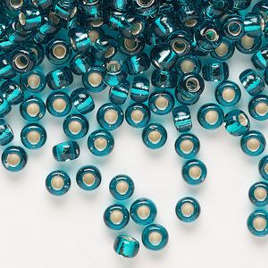 Seed bead, Miyuki, glass, pkg/25g, #6 rocaille, transparent silver-lined teal (RR-2425).