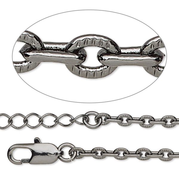 Chain, gunmetal-plated brass, 3mm textured cable, 16 inches with lobster claw clasp and 1 to 3 inches extender chain. Sold individually. image number 0