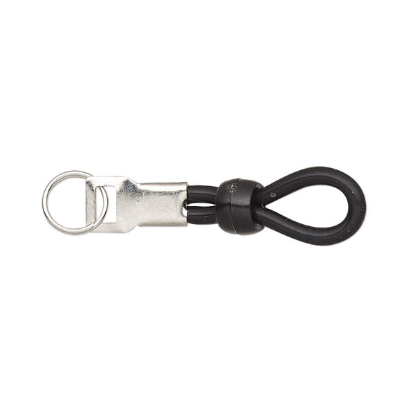 Eyeglass holder, rubber / acrylic / imitation rhodium-finished steel, black, 30x6mm with 6x4mm rondelle and 7mm split ring, adjustable. Sold per pkg of 20. image number 0