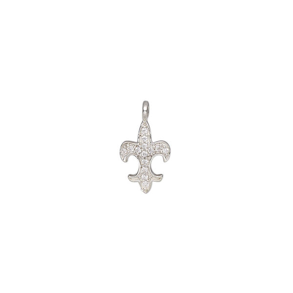 Charm, sterling silver and cubic zirconia, clear, 11x8mm single-sided fleur-de-lis, Sold Individually. image number 0