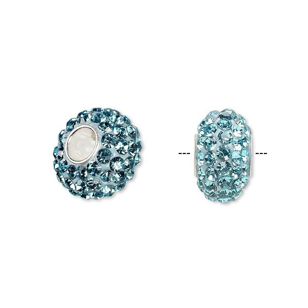 Bead, Dione®, Czech glass rhinestone / epoxy / sterling silver grommets, turquoise blue, 14x8mm rondelle. Sold individually. image number 0