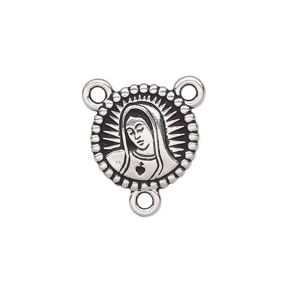 Connector, TierraCast®, antique silver-plated pewter, 16.5mm 2-sided rosary round with Our Lady and rose. Sold individually. image number 0