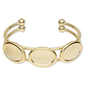 Bracelet, cuff, gold-plated brass and "pewter" (zinc-based alloy), 18mm wide with (3) 18x13mm oval settings, adjustable. Sold individually.