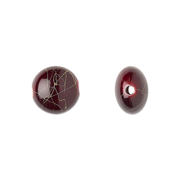 Bead, acrylic, red and gold, 12mm puffed flat round with swirls. Sold per pkg of 160. image number 0