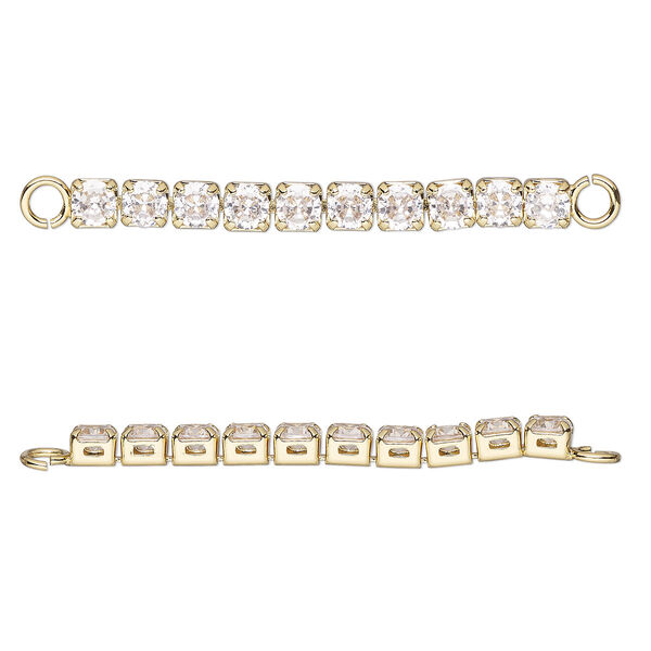 Link, cubic zirconia and gold-finished brass, clear, 35x3mm single-sided cupchain. Sold individually. image number 0