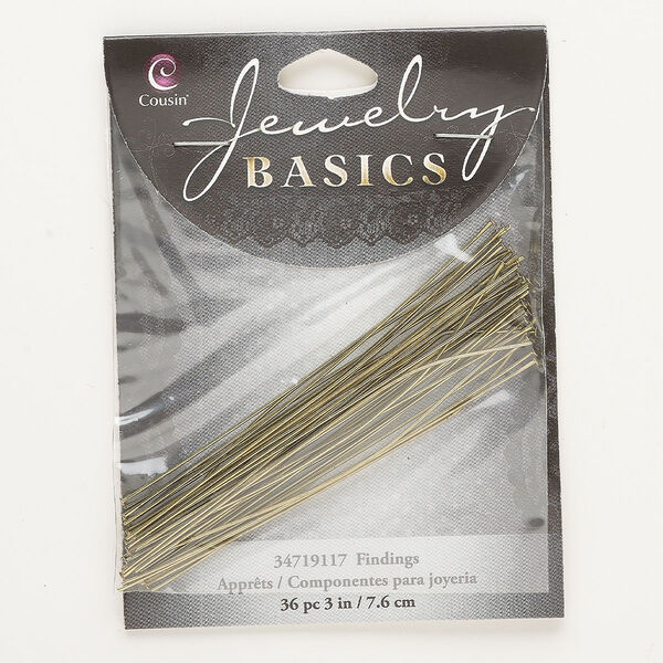 Head pin, brass-finished steel, 3 inches, 22 gauge. Sold per pkg of 36. image number 0