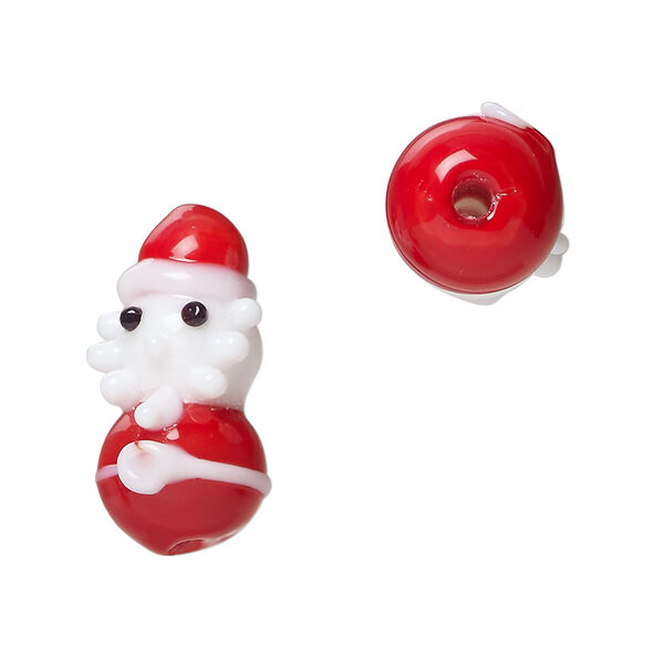 Bead 1pkg2, lampworked glass, opaque white and red, 23x14mm 3D Santa Claus. image number 0