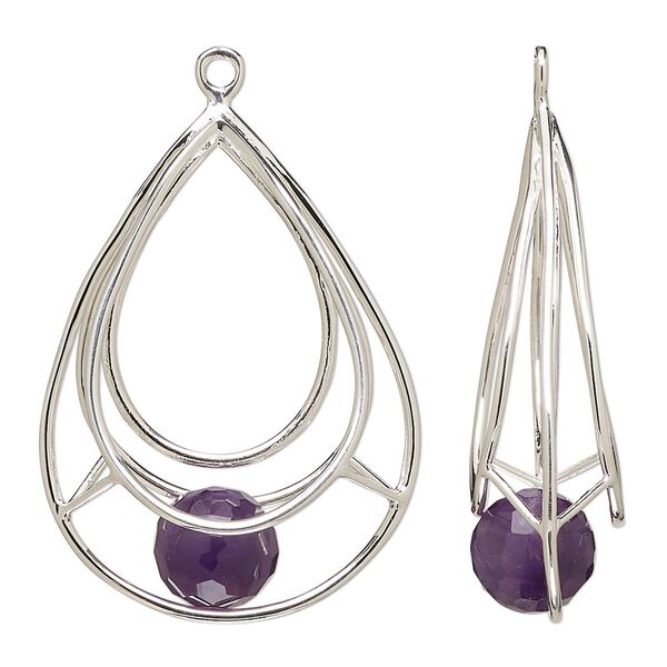 Focal, sterling silver and amethyst (natural), 32x25mm open teardrop with 9mm hand-cut faceted round, B grade, Mohs hardness 7. Sold individually. image number 0