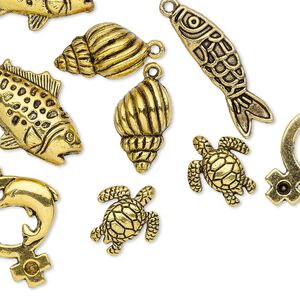 Bead and charm, antique gold-finished "pewter" (zinc-based alloy), 18x16mm-34x20mm assorted sea creature. Sold per pkg of 10.