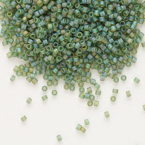 Seed bead, Delica®, glass, pkg/7.5g, #11 round, translucent matte rainbow olive green (DB-1282).