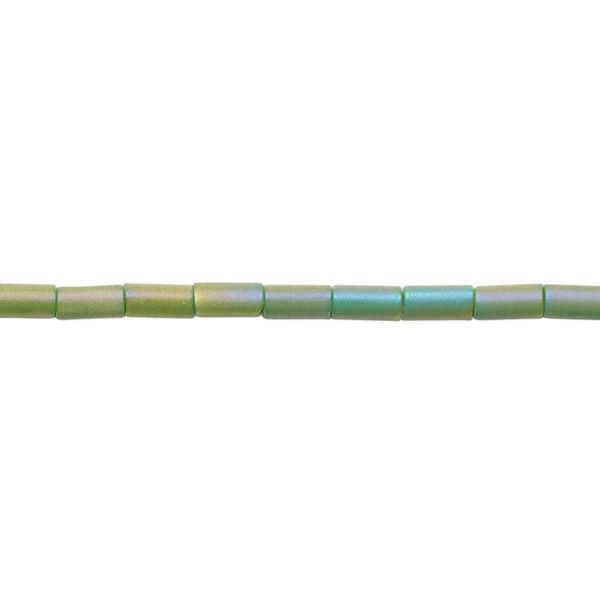 Bead, glass, translucent matte green AB, 5x2.5mm round tube. Sold per 15-1/2 to 16-inch strand. image number 0