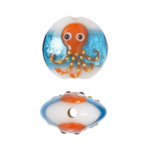 Bead, lampworked glass, opaque white / orange / multicolored with silver-colored foil, 19mm puffed flat round with octopus design. Sold per pkg of 2. image number 0