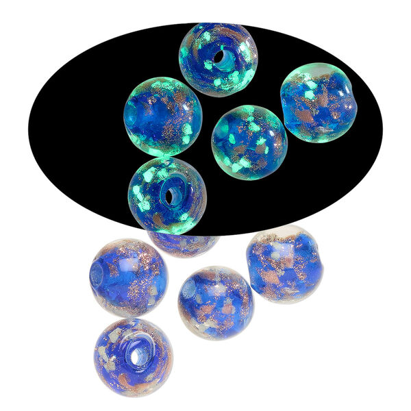 Bead, lampworked glass, clear / cobalt blue / glow-in-the-dark / gold, 8mm round. Sold per pkg of 6. image number 0