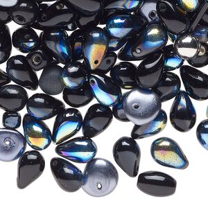 Bead mix, Czech glass, opaque mixed-finish black, 3-8mm top-drilled and center-drilled mixed shapes. Sold per 100-gram pkg, approximately 335 beads.