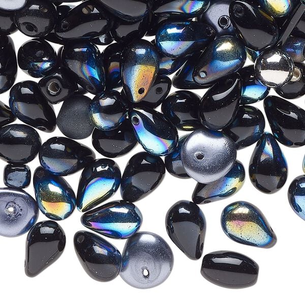 Bead mix, Czech glass, opaque mixed-finish black, 3-8mm top-drilled and center-drilled mixed shapes. Sold per 100-gram pkg, approximately 335 beads. image number 0