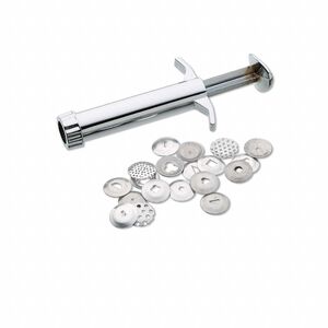 Clay extruder, chrome-finished "pewter" (zinc-based alloy), 3-3/4 x 2-1/4 inches with (19) 16mm discs. Sold per 20-piece set.