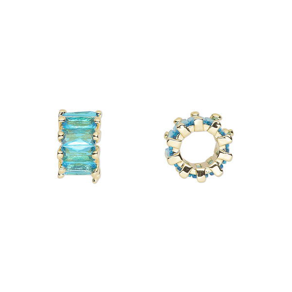 Bead, cubic zirconia and gold-plated brass, aqua, 10.5x6mm rondelle. Sold per pkg of 2. image number 0