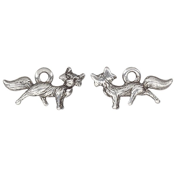 Charm, pewter (tin-based alloy), pkg/1, antique silver plate, 22.5x12.5mm 3D fox. image number 0
