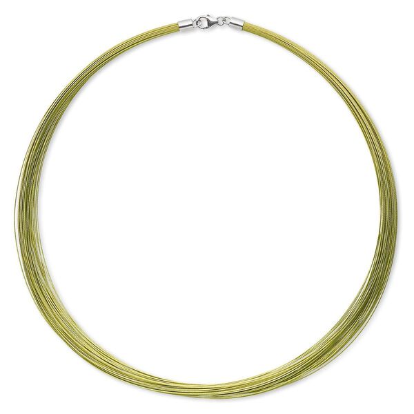 Necklace, 48-50 strand, nylon-coated stainless steel and imitation rhodium-plated sterling silver, peridot green, 16 inches with lobster claw clasp. Sold individually. image number 0