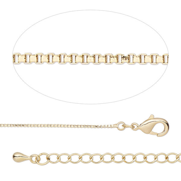 Chain, gold-finished brass, 0.8mm Venetian box, 18 inches with 2-inch extender chain and lobster claw clasp. Sold individually. image number 0