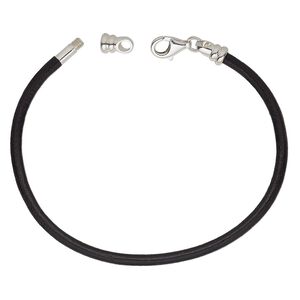 Bracelet cord, Dione®, leather (dyed) and sterling silver, black, 3mm round with twist-off end, 7-1/2 inches with lobster claw clasp. Sold individually.