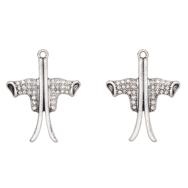 Focal, antique silver-finished "pewter" (zinc-based alloy) and glass, clear, 32x28mm ski. Sold per pkg of 2. image number 0