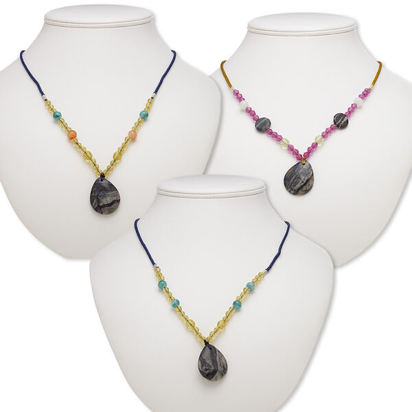 Necklace mix, Picasso marble / multi-gemstone (natural / dyed) / nylon / acrylic / glass, multicolored, 31x25mm-33x26mm teardrop, 20- to 24-inch continuous loop. Sold per pkg of 3. image number 0