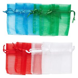 Pouch, organza, white and assorted colors, 3x2 inches with drawstring closure. Sold per pkg of 12.