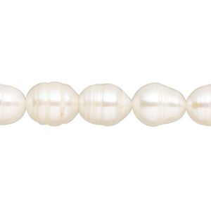 Pearl, cultured freshwater (bleached), white, 9x8mm-14x13mm rice, D grade, Mohs hardness 2-1/2 to 4. Sold per 15-inch strand.