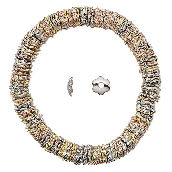 Bead cap, gold- / silver- / copper-plated steel, 7x2mm flower, fits 8-10mm bead. Sold per 6-1/2 inch strand, approximately 300 bead caps. image number 0