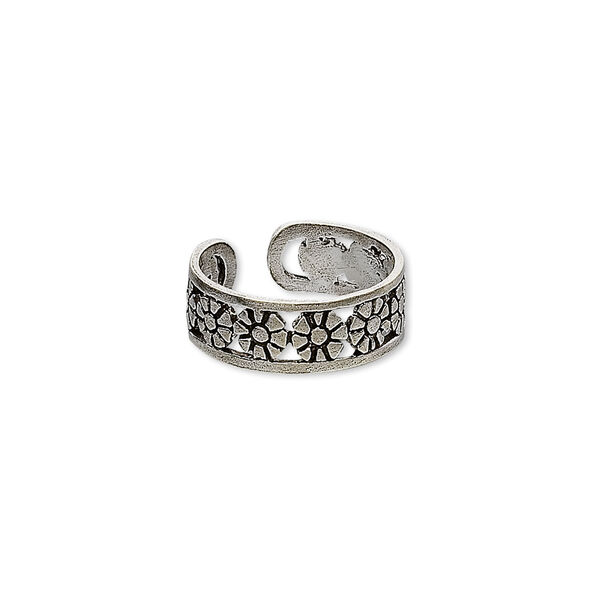 Toe ring, antiqued sterling silver, 5mm wide with flower design, adjustable. Sold individually. image number 0