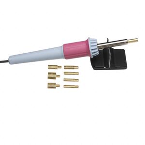 Hotfix applicator, Hot-Fix Heater™, plastic / steel / brass, pink / light blue / black, 7-1/2 x 1-3/16 inches with 8 interchangeable tips, 120 volt, 6.5 watts. Sold individually.